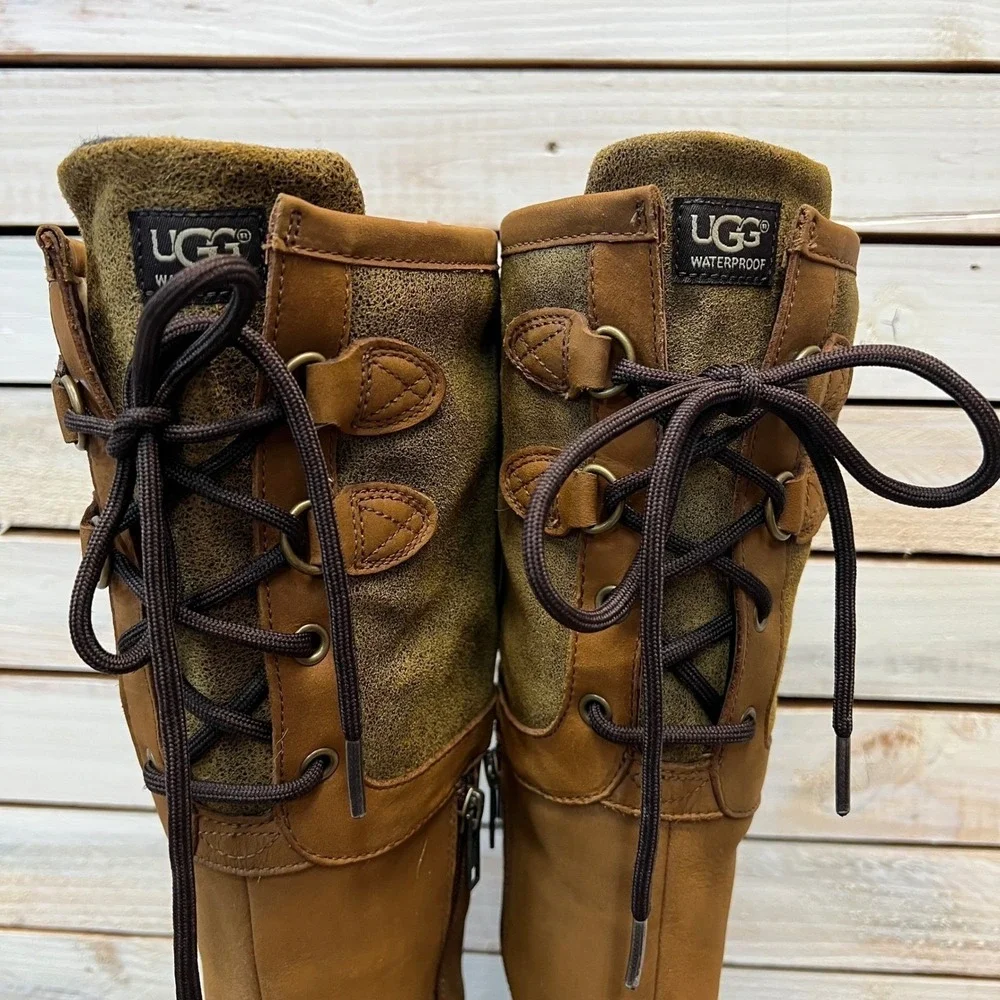 UGG Cailyn 1008438 Waterproof Leather Shearling Tall Boots Brown CabinCore 6